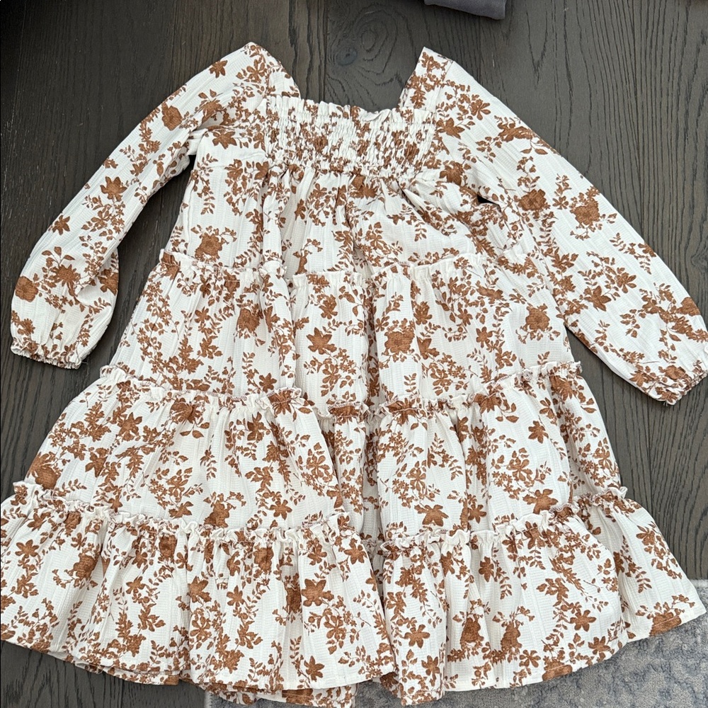 Elegant Floral Kids Dress in Brown and Cream